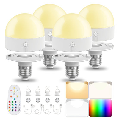 USB Rechargeable Emergency Light Bulbs, A19 E26 Dimmable LED Bulb with Warm White Cool White RGB Color Changing, 5W 300LM 2000mAh Battery Powered Light Bulbs for Power Outage Camping, 4 Pack