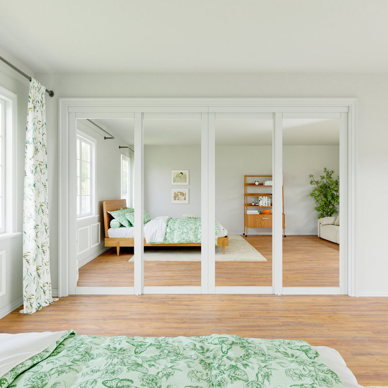 1 Lite Mirrored Glass White Primed Solid Core Sliding Closet Door With Hardware, 120" x 80.4"