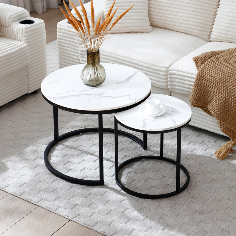 Ensemble de 2 tables basses circulaires à motif rond en marbre et en bois, Blanc, Noir