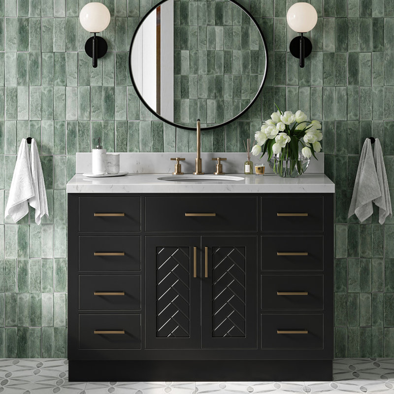 Ensemble de meuble-lavabo ovale simple 48 po avec comptoir à quartz blanc Carrara, Ovale, Noir