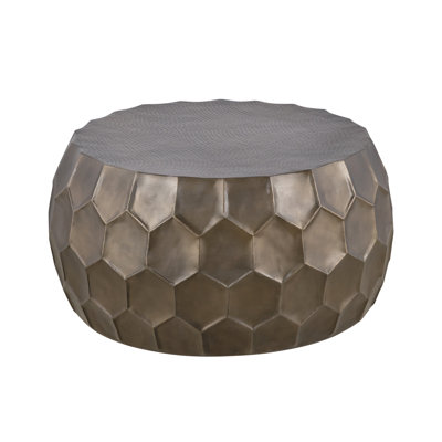 Modern Round Aluminum Coffee Table, 32" Dimensions, Gold - Colored Base, Hand Hammered Art, Spacious For Decorative Elements Material, Glossy Hexagonal Design, Centerpiece Home Living