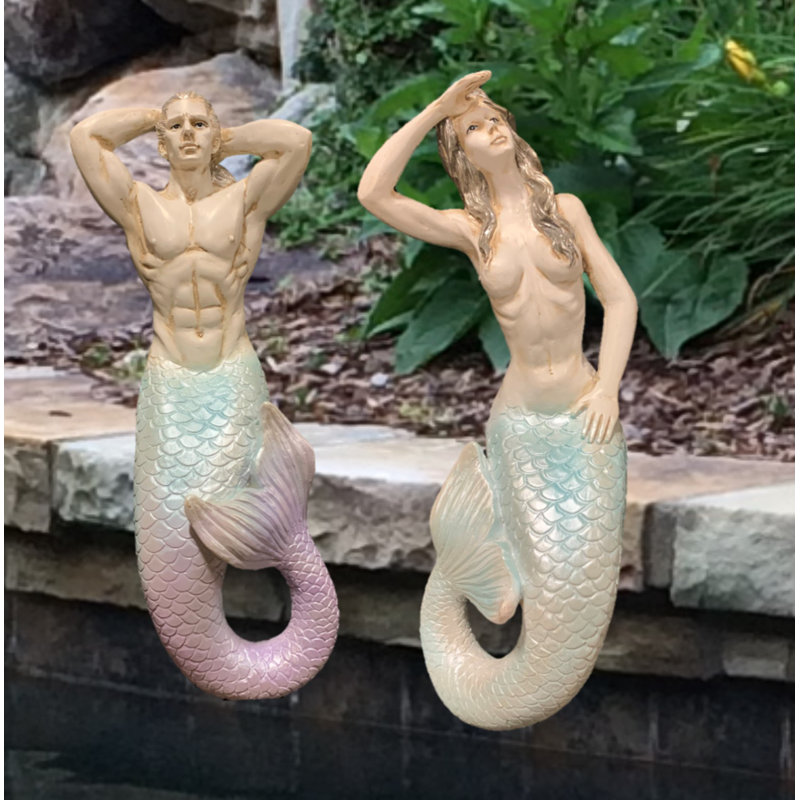 Ensemble de statue de jardin 2 pièces Life's a Beach Classic Mermaid and Merman, Blanc antique avec détails peints