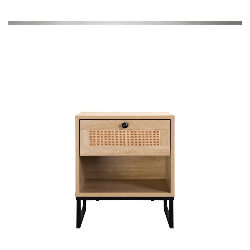 Table d'appoint Birch Coastal Modern avec tiroir, plateau en bois naturel et pieds en métal noir