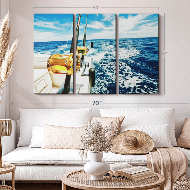 «Ocean Fishing Reels», 3 pièces sur toile, H 32 po x l 50 po x P 1,25 po