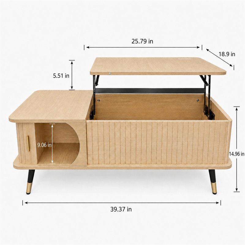 Table basse à plateau relevable en bois avec compartiment caché et grande tablette de rangement, Natural / Black,Gold