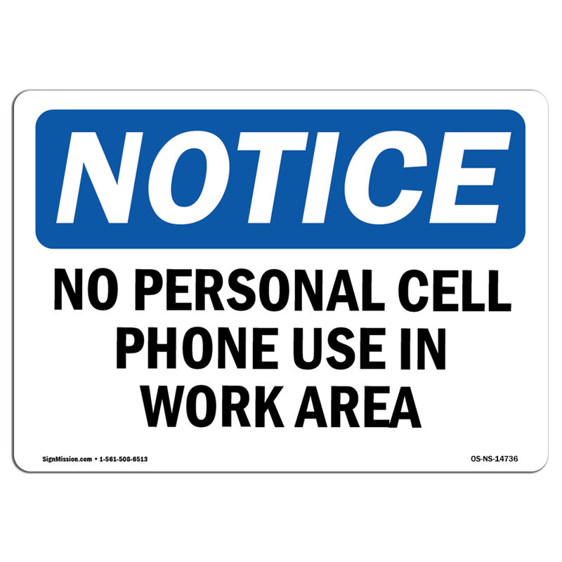 Décalcomanie 5 po x 3,5 po sans téléphone cellulaire dans la zone de travail, H 3,5 po x l 5 po x P 0,1 po