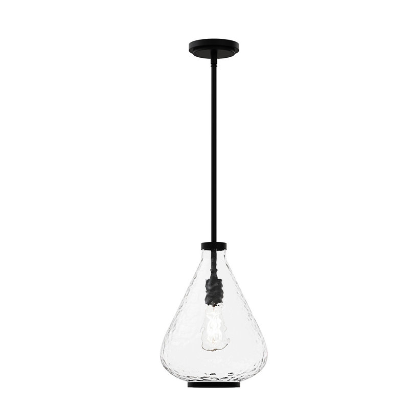 Kostner 1-Light 9.75” Wide Pendant, Matte Black, Clear Water Texture