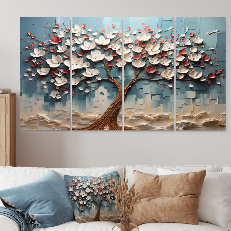 Arbre de fleur rouge et or au clair de lune beauté V - arbre 4 pièces, décoration murale, H 28 po x l 48 po