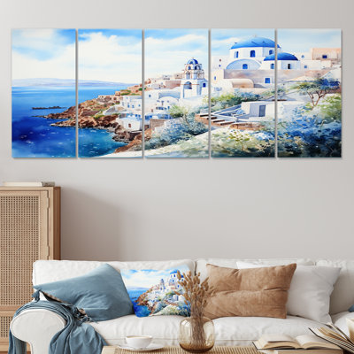 «Blue and White Greek Isles Village I - Grèce», ensemble de 5 pièces d'art mural