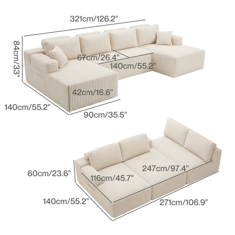 4 Seater Corduroy Sectional, Beige Corduroy