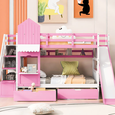 Lit superposé simple rose, pin, 2 tiroirs, 3 tablettes et glissade pour lit amusant Twintwin, couleur, glissade, sans matelas inclus