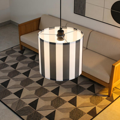 2-Pack Modern 12.6" 1-Light Drum Pendant Lights with Striped Fabric Shade and Adjustable Cord, Black & White (No Bulbs)