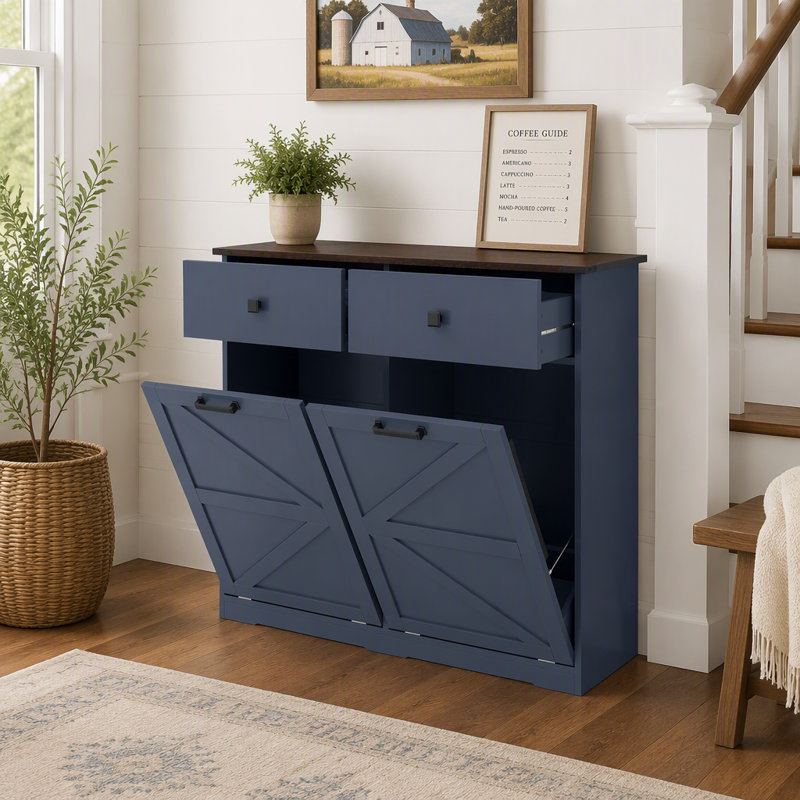Farmhouse Double Tilt Out Trash Cabinet for 20 Gallon Trash Cans, Free Standing Recycling Cabinet with Hideaway Drawer, Barn Door Style Laundry Sorter Cabinet, Tilt Out Trash Cabinet for Kitchen