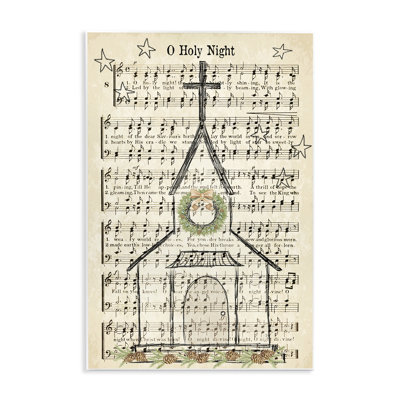 Festive Winter Church Holy Night Musical Script Grey Farmhouse Rustic Oversized Framed Giclee Texturized Art By Andi Metz
