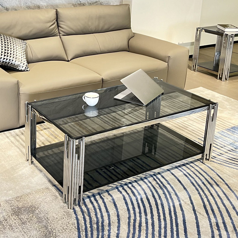 Table basse de 47,24 po de largeur avec plateau en verre trempé, table basse à double couche en acier inoxydable pour le salon