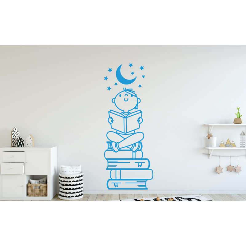 Garçon lisant un livre, décalque mural, bibliothèque, autocollant 397DRE, 10x24 inches, Matte Black
