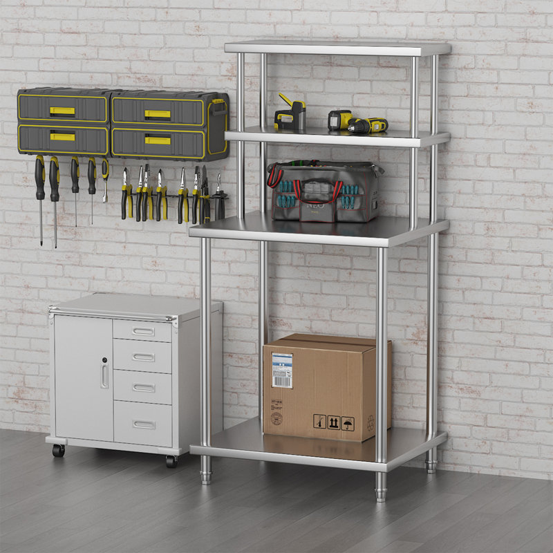 Table de préparation robuste en acier inoxydable avec tablette réglable à 2 niveaux - Table de travail commerciale avec tablette inférieure, fabrication en métal pour restaurant, cuisine à domicile, garage, buanderie, taille: 30 x 24 po