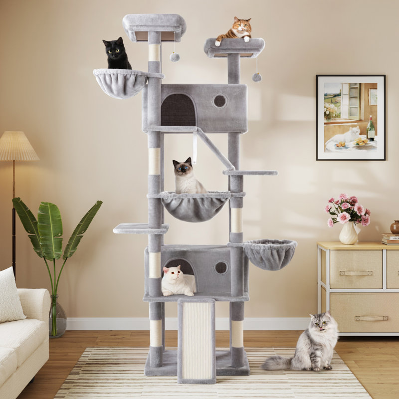 Arbre à chat 81 po avec poteaux à griffer en sisal, perchoirs, condos, paniers et hamac, Gris