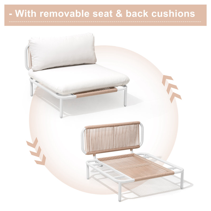 4 Person Metal Outdoor Patio Sectional Sofa with Cushions, Beige Cushion/White/Natural Frame