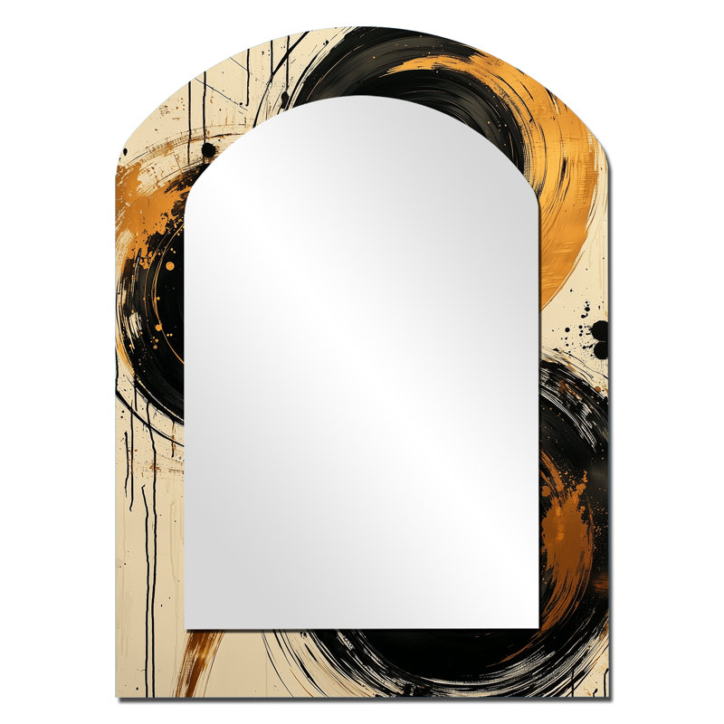 Noir et or, art du cercle chaos I - formes abstraites grand miroir mural de forme irrégulière, miroir asymétrique moderne unique, art imprimé en métal