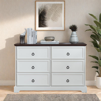 Commode de ferme avec 6 tiroirs, poignées rondes et surface en grain de bois