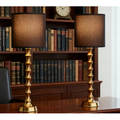 Ensemble de 2 lampes de table rétro en bambou doré avec abat-jour noir, 30,5 pouces chandelier pour table de bout de salle à manger crédence de salon