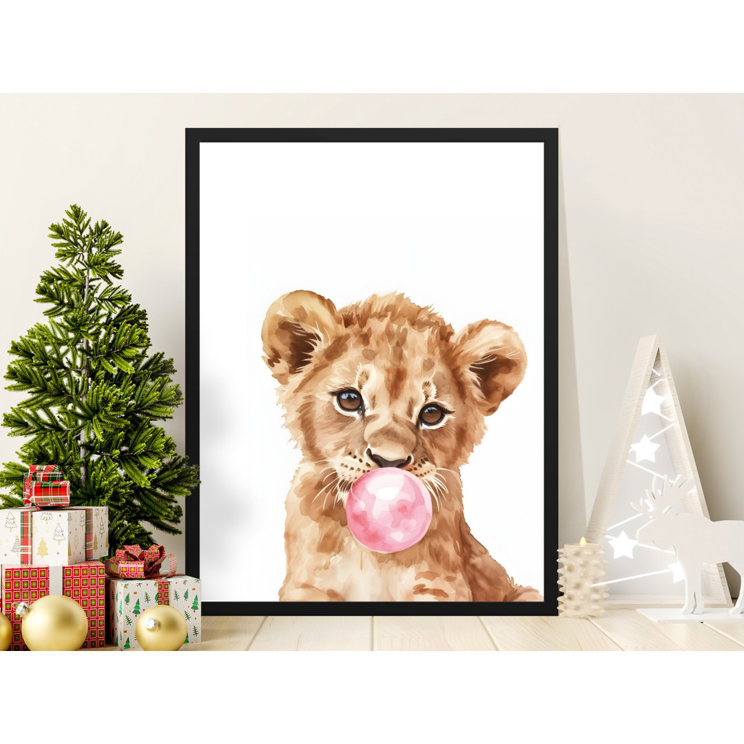 Watercolor Lion Cub Wall Art, Bubble Gum Animal Print, Nursery Decor, Playful Kids Room Art, Framed Art, Multiple Sizes