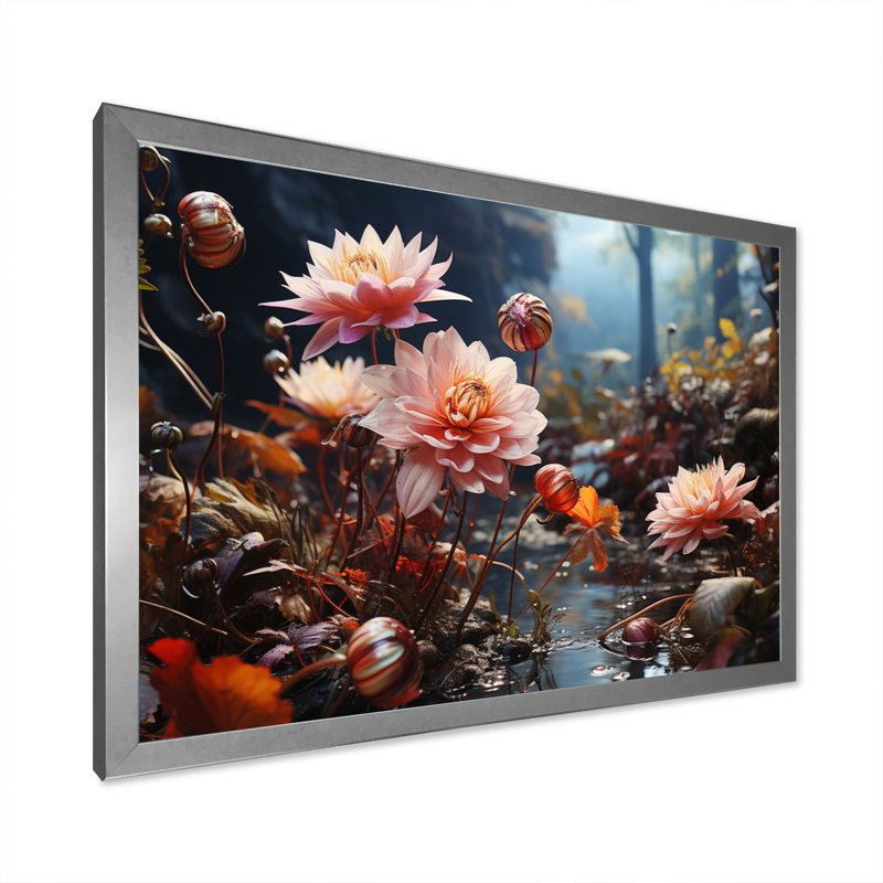 Corail et fleurs sauvages orange au bord de la rivière III, Cadre photo argenté, H 24 po x l 32 po x P 1 po