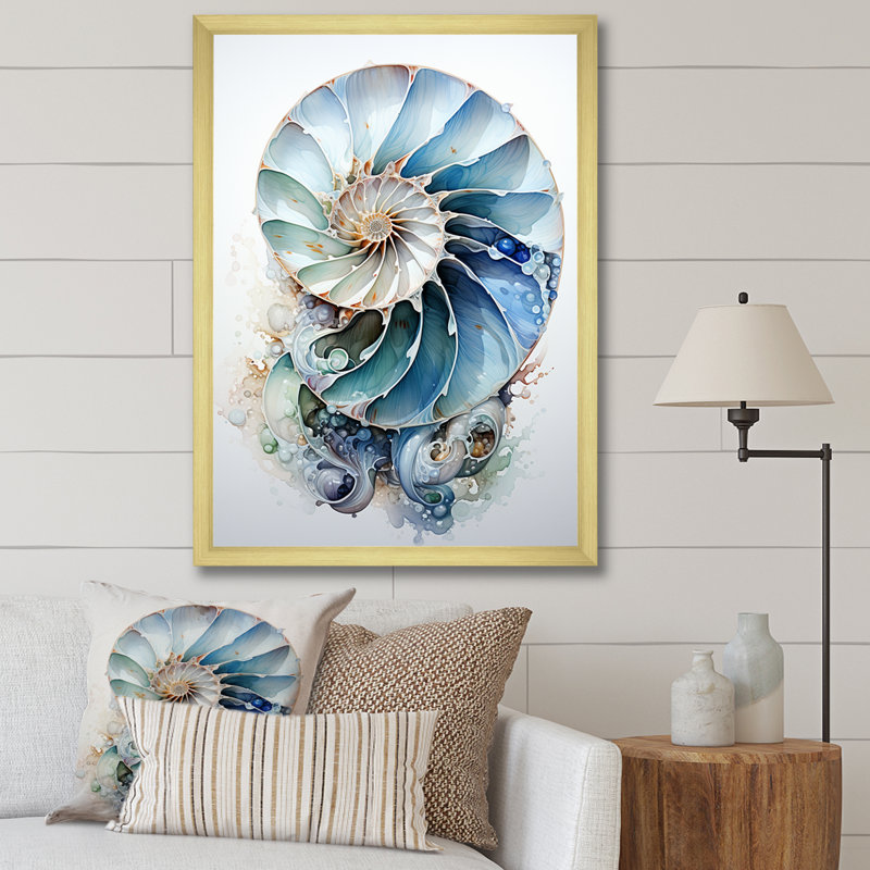 Nautilus Ocean Blue Sheels Symetry - Animals Wall Decor, H 32 po x l 16 po x P 1 po, Encadrement doré