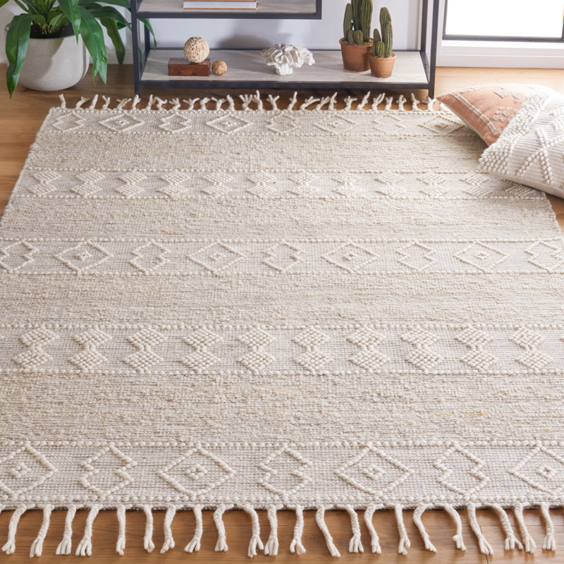 Tapis en laine / coton tissé à la main Angadveer de couleur ivoire / beige, Rectangle 6 pi x 9 pi