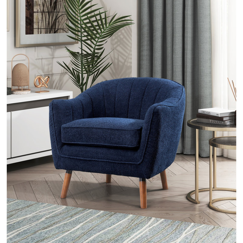 Chaise d'appoint en chenille bleue, style Mid-Century moderne, pieds en bois massif, housse de coussin de siège amovible, tissu texturé et contreplaqué