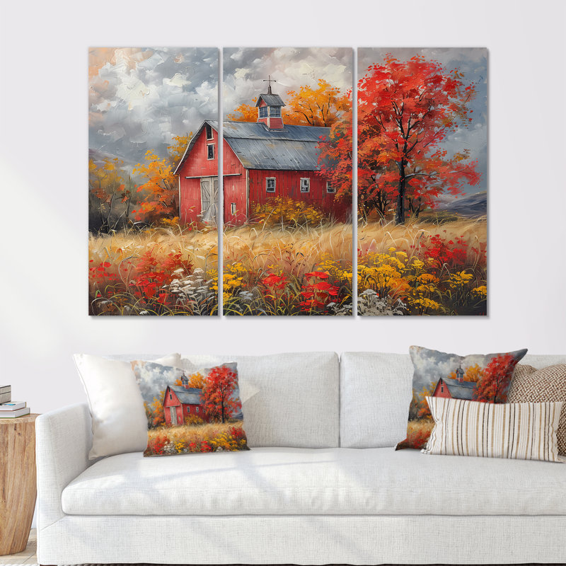 Autumn Red Barn Breeze I - Ensemble d'art mural de grange, H 28 po x l 36 po, Toile tendue