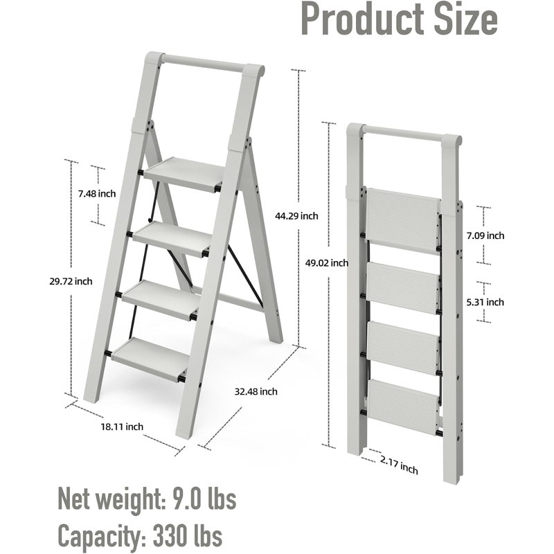 4 Step Ladder Foldable, Aluminum,,Grey
