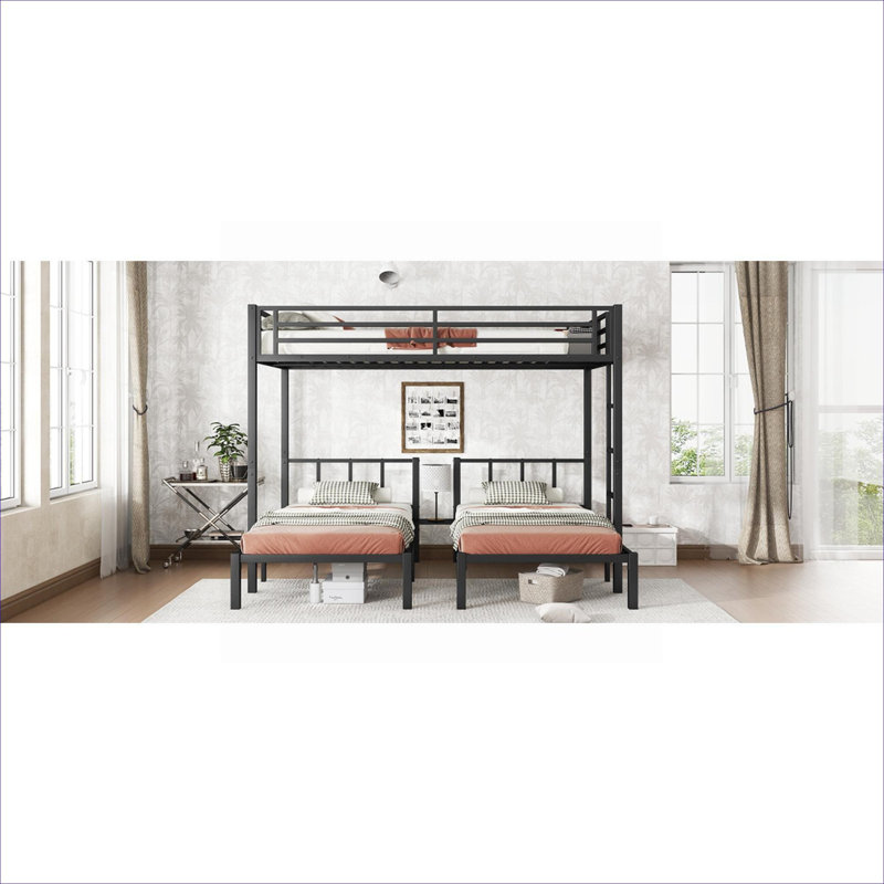 Lit plateforme superposé triple, chambre à coucher avec lit d'enfant à partager, métal noir mat, cadre de lit simple superposé sur lit simple amovible
