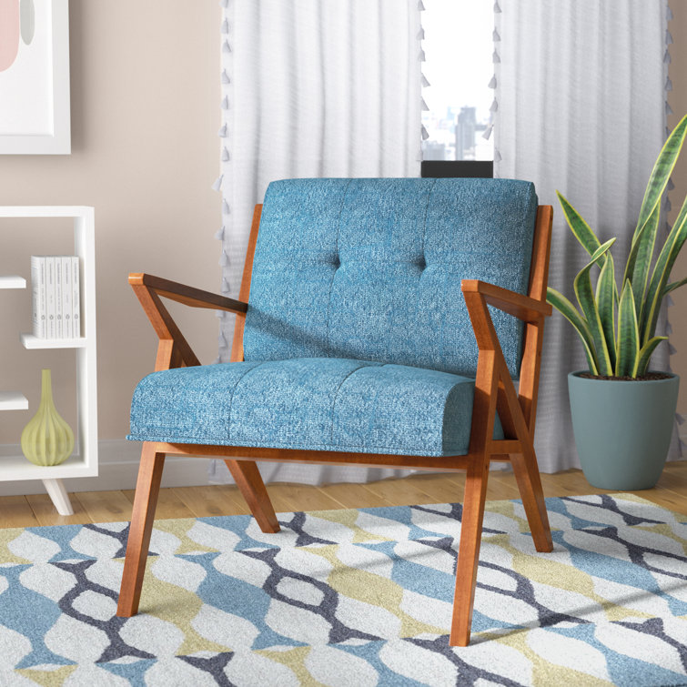 Desi Retro Button Tufted Upholstered Arm Chair with Angled Wood Frame