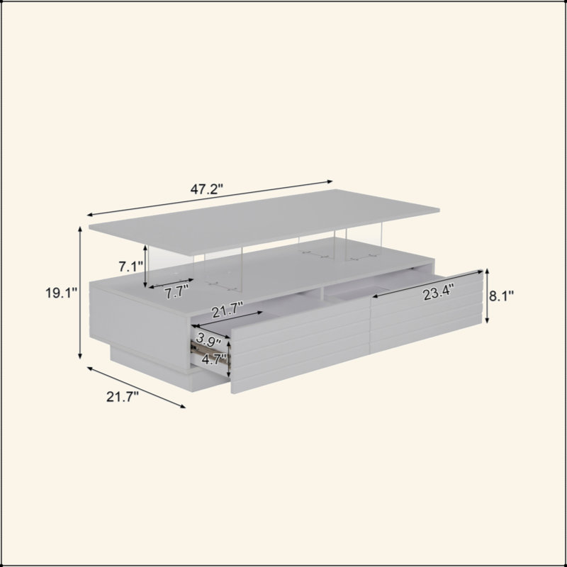 Table basse moderne à 2 tiroirs de 47,2 po à DEL moderne, Blanc