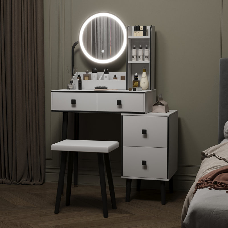 Bureau de coiffeuse avec miroir à 3 modes d'éclairage réglables, 4 tiroirs et tabouret rembourré, armoire de rangement réglable