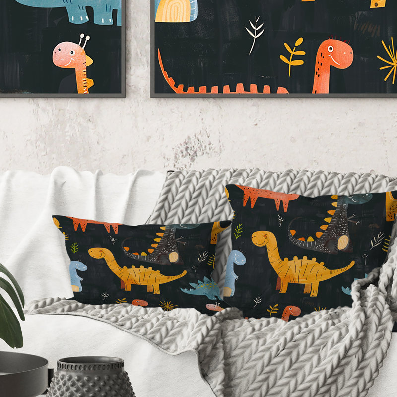 Motif de dinosaure jaune et vert pour enfants II - Coussin pour enfants, Forme rectangulaire, H 12 po x l 20 po