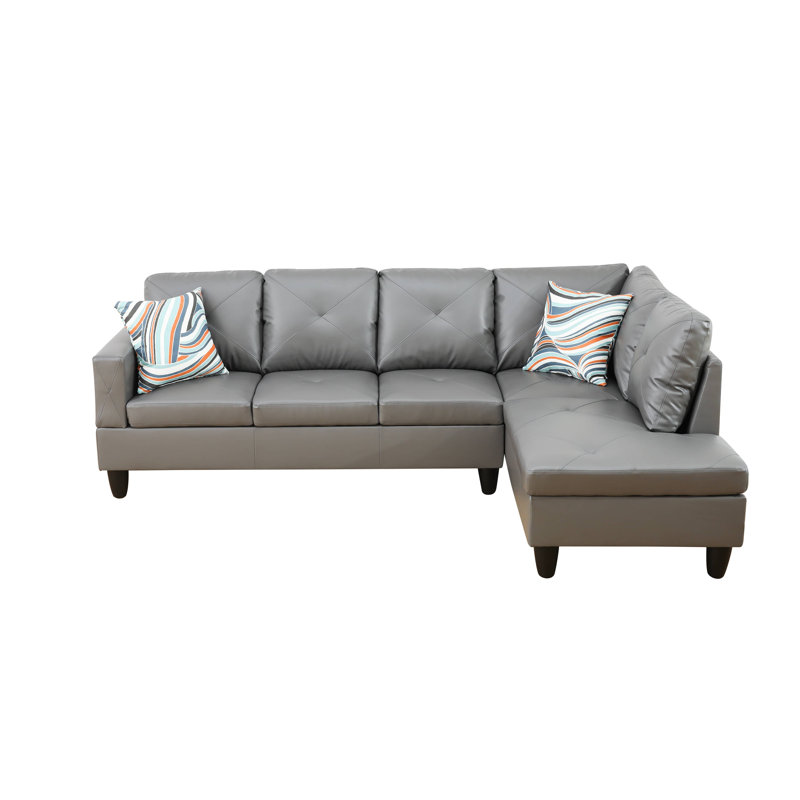 Monaco Vegan Leather 2-Piece Sectional Sofa Set With Chaise, Gray Faux Leather, Right Hand Facing