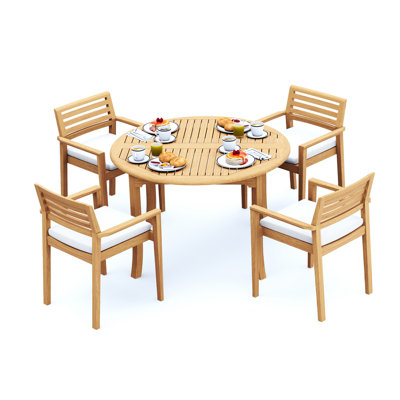 Ensemble de salle à manger 3 pièces en bois de teck de qualité A: table ronde de 48 po et 2 chaises empilables Bechtel # 11MT1002