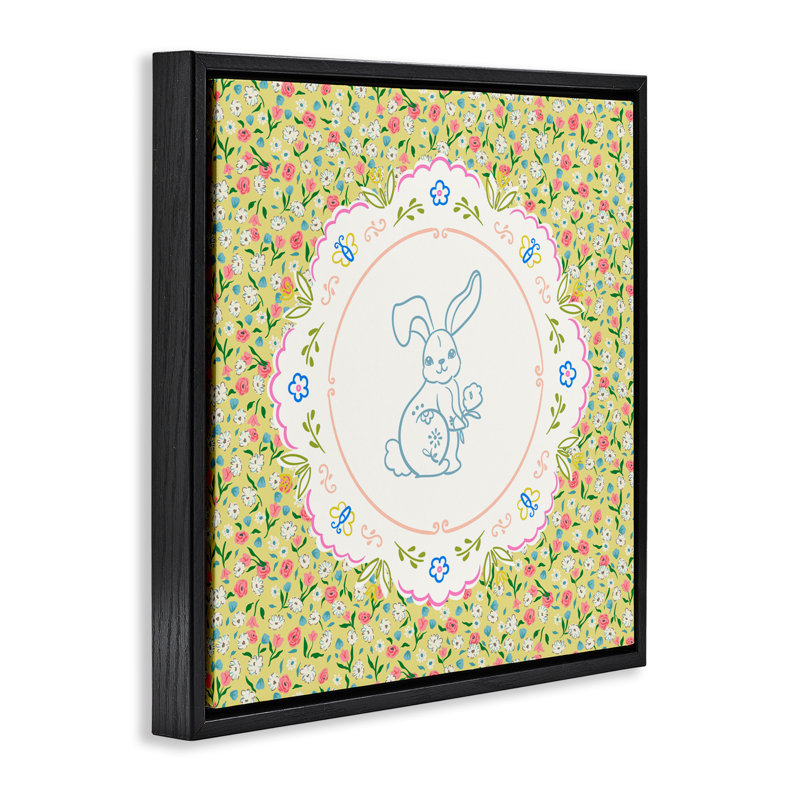 Cadre flottant Floral Spring Bunny & Sprig, design par Angela Steahling, H 18 po x l 18 po, Cadre flottant noir de jais