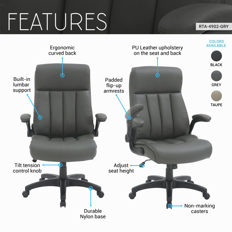 Fauteuil de bureau ergonomique en similicuir - Bureau de direction ultra rembourré avec accoudoirs rabattables, réglable en hauteur, inclinable et roulettes lisses