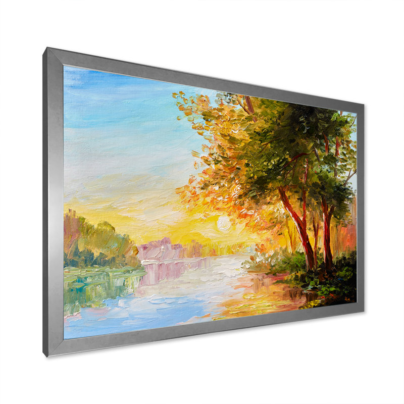 «Sunset On River Landscape», reproduction sur toile flottante, H 16 po x l 32 po x P 1 po, Cadre photo argenté