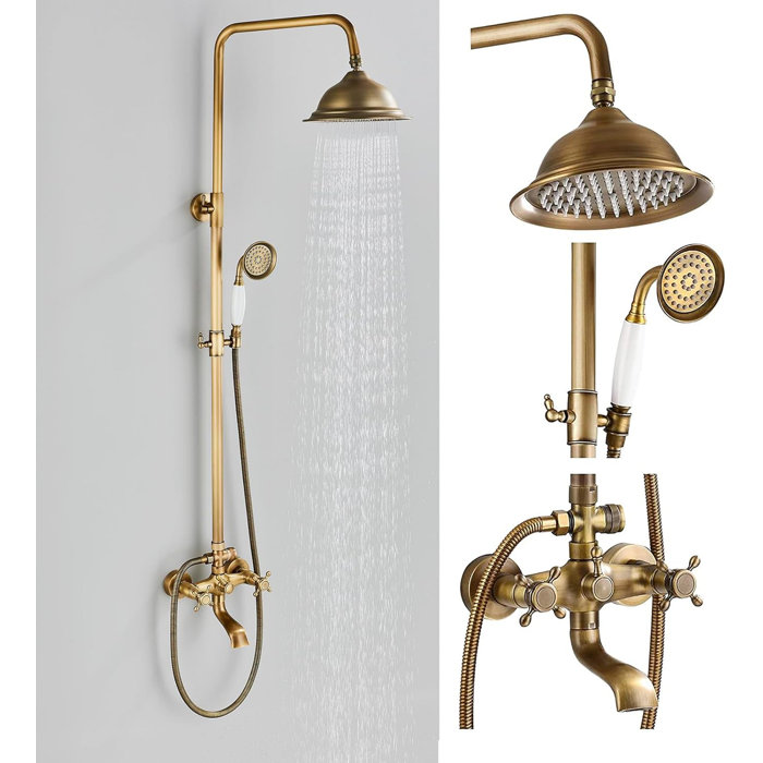 Antique Brass Shower Faucets Set 8'' Rainfall Shower Head Brass Handshower Dual Handle Mixer Tap Rotation Bath Shower Faucet