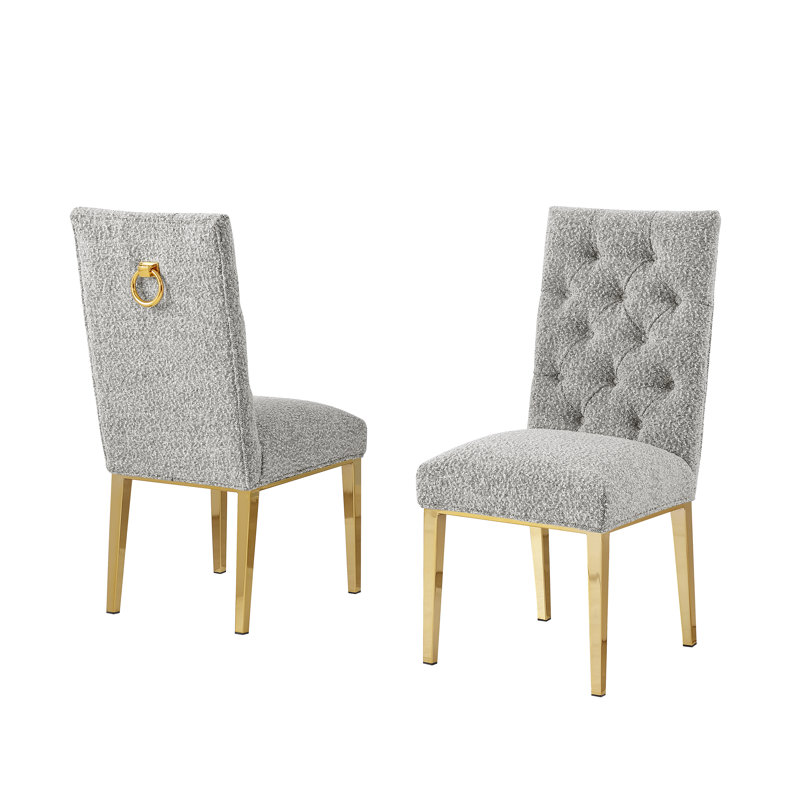 Chaises d'appoint capitonnées à boutons avec tissu bouclé, Doré, Gris riche