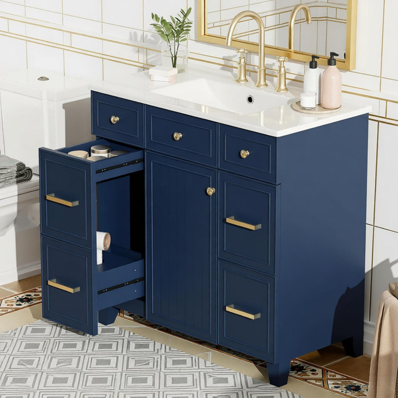Meuble-lavabo 36 po avec lavabo en céramique, cadre en bois massif bleu, portes à fermeture douce, tablettes réglables, 3 tiroirs, y compris un tiroir à double profondeur pour le rangement du sèche-cheveux