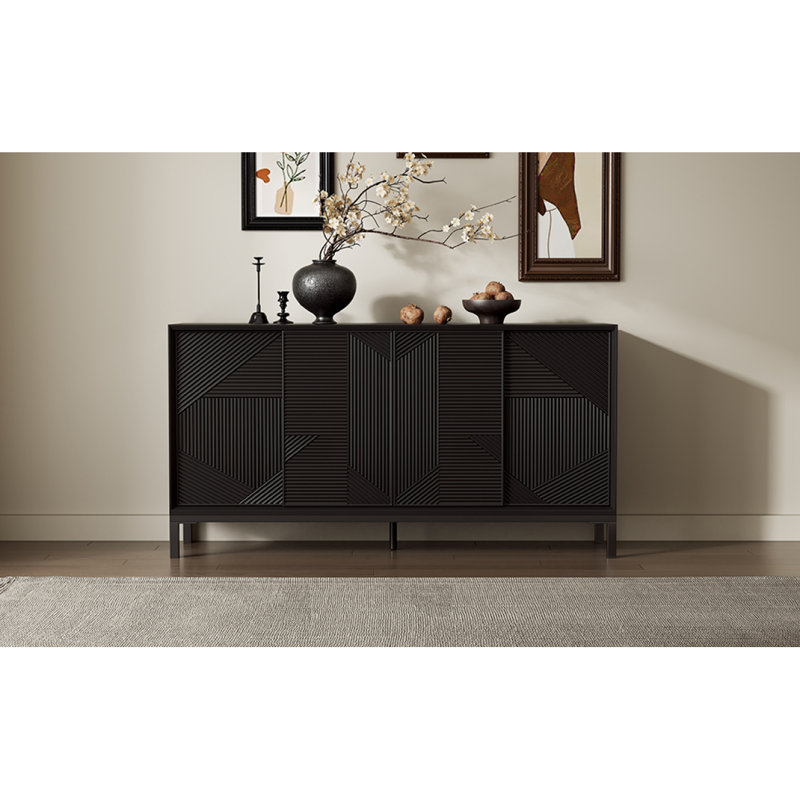 Armoire décorative moderne à motif géométrique à rayures verticales avec portes coulissantes, plateau en placage de bois de haute qualité et rangement spacieux avec deux tiroirs, fabrication robuste et durable
