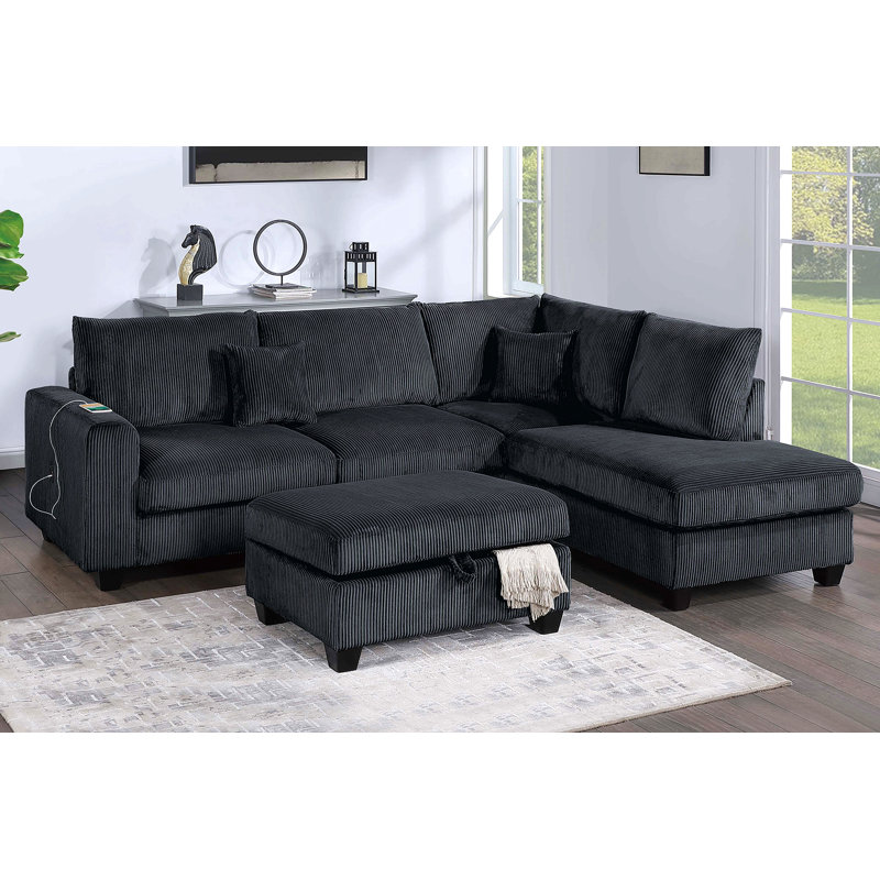 Ensemble de canapé modulaire 3 pièces de style moderne avec port USB, repose-pieds, accoudoir à droite, canapé, accoudoir à gauche, salon principal