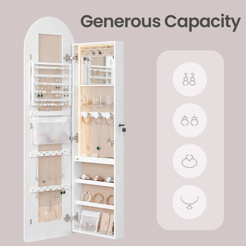 Organisateur de bijoux, armoire à bijoux à DEL fixée au mur / porte, grand miroir arrondi verrouillable avec rangement, miroir intérieur, 3,9 po x 16,5 po x 55 po