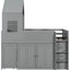 Lit mezzanine simple en bois gris avec toit en forme de maison avec détails de fenêtre, bureau coulissant coulissant et compartiments de rangement sous le plancher en bois massif, armoires à tiroirs multiples de style